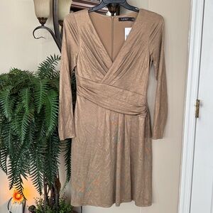 Brand New Lauren Ralph Lauren Long Sleeve Gold Metallic Jersey Cocktail Dress